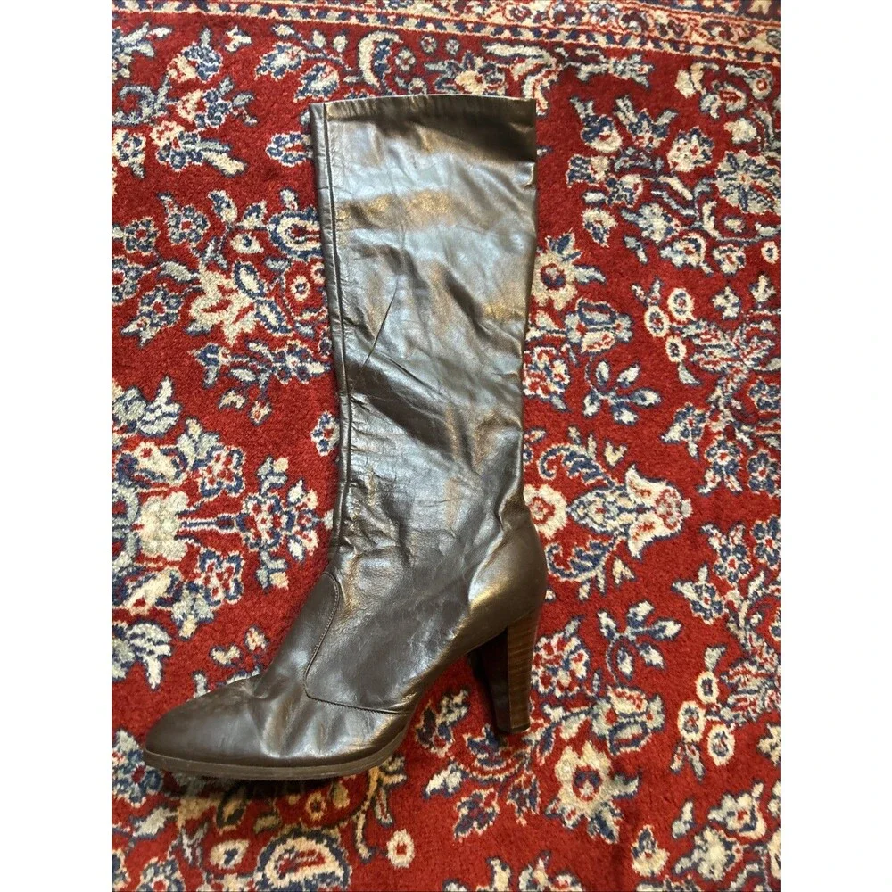 Vintage Joyce California Brown Leather Knee High Boots Block Heel